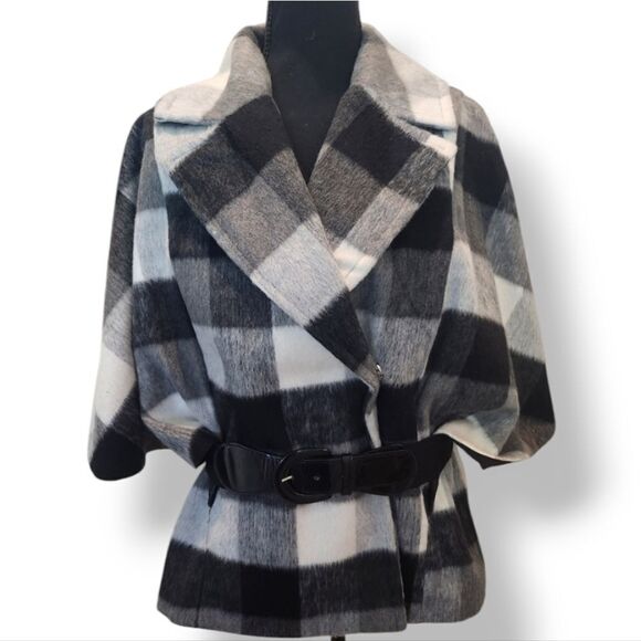 ALYX Wool Blend Buffalo Plaid Belted Capelet Cape Coat Jacket in Black Size S - Picture 1 of 13